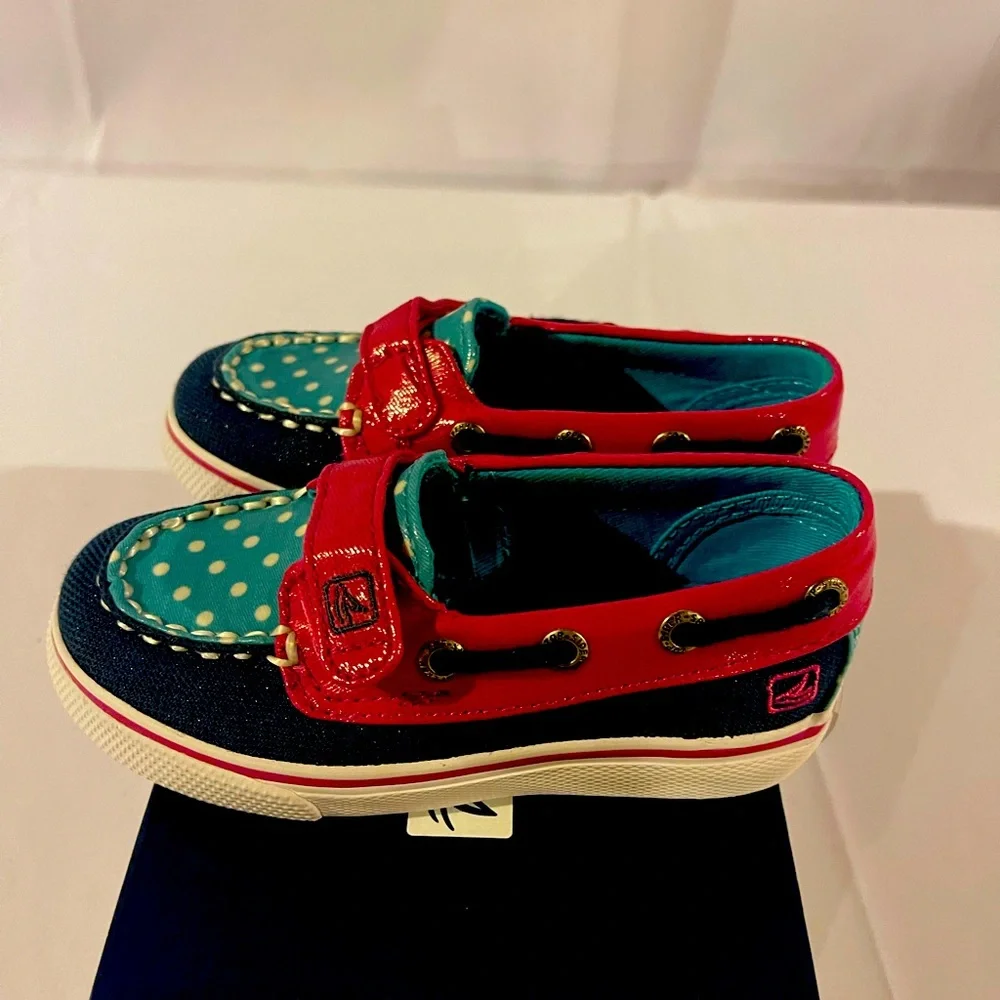 Sperry Top-Sider Pink & Blue Polka Dot Biscayne Boat Shoe Baby /Toddler Size 7M